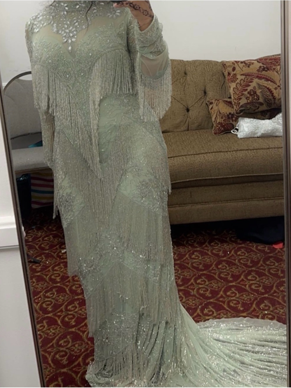 Hand-Beaded Sage Fringe Maxi Dress